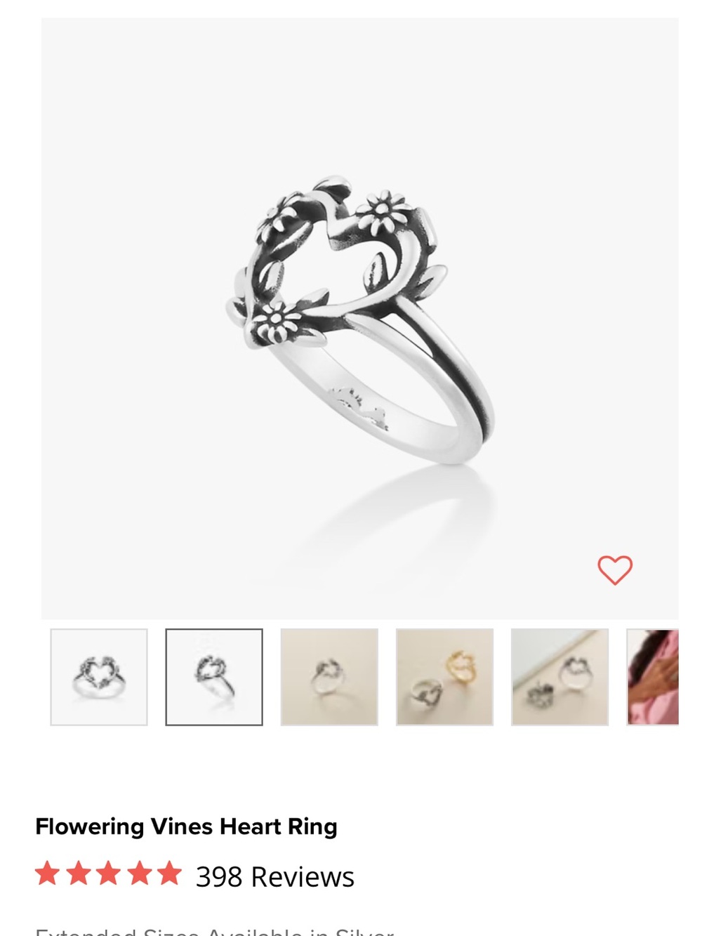 James Avery Silver Heart Vine Ring